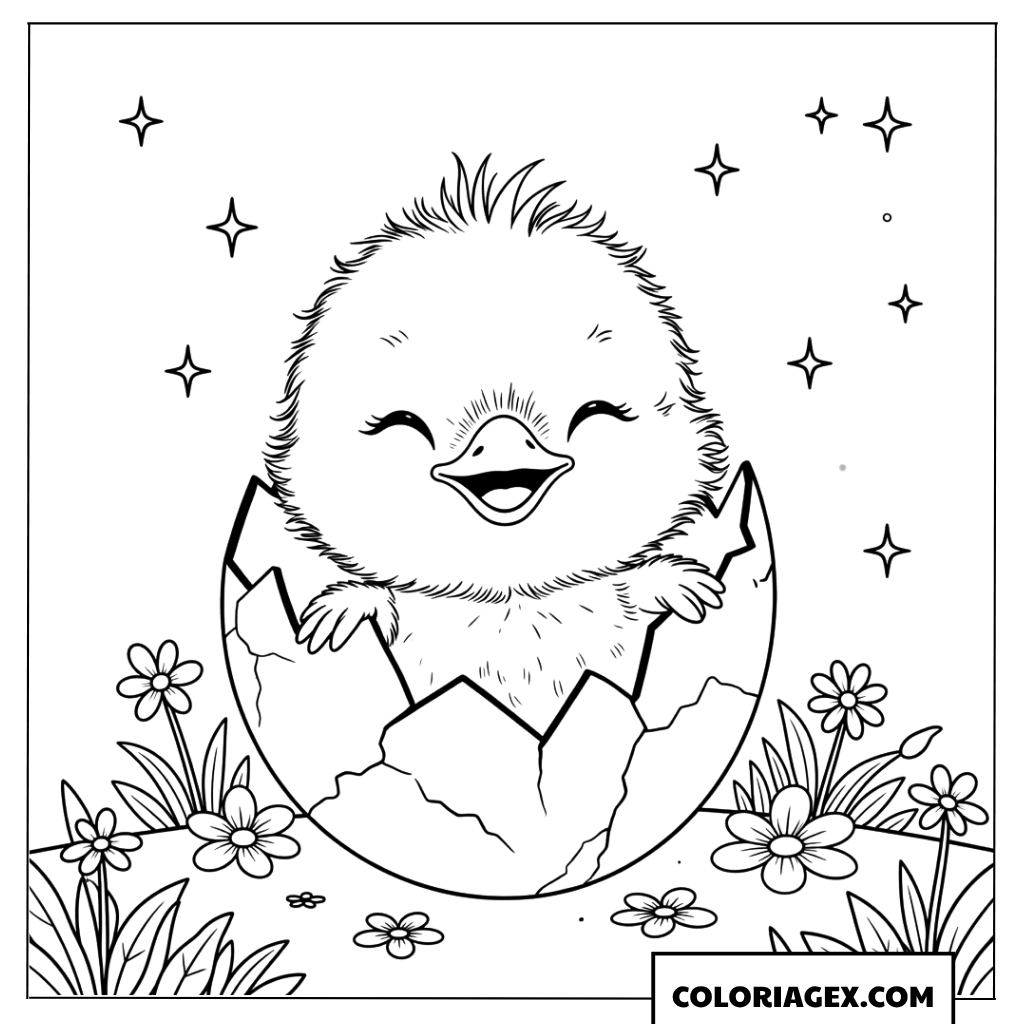Coloriage d’un poussin souriant dans sa coquille