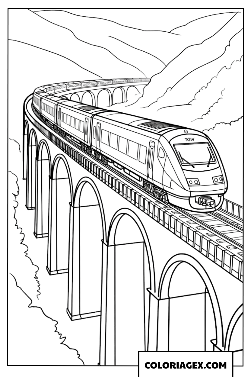 Coloriage d'un train TGV traversant un grand viaduc