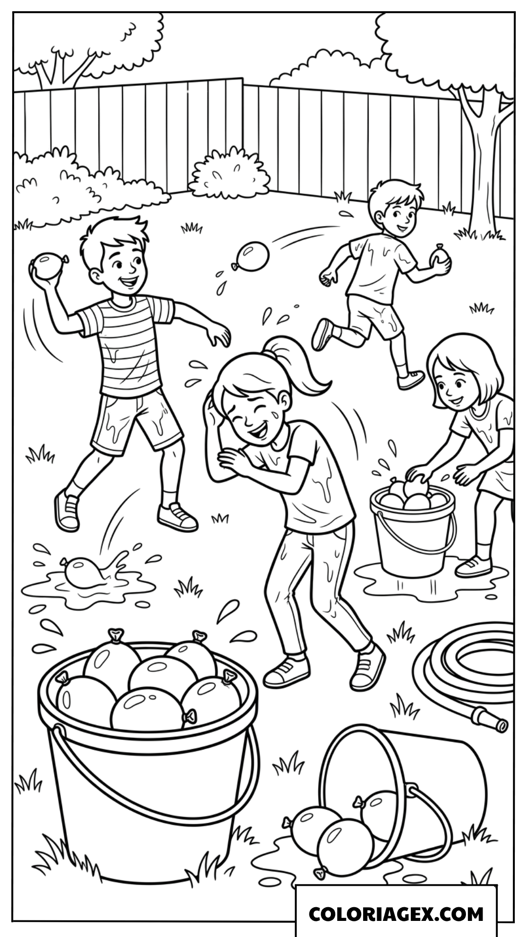 Coloriage d'une bataille de ballons d'eau dans le jardin