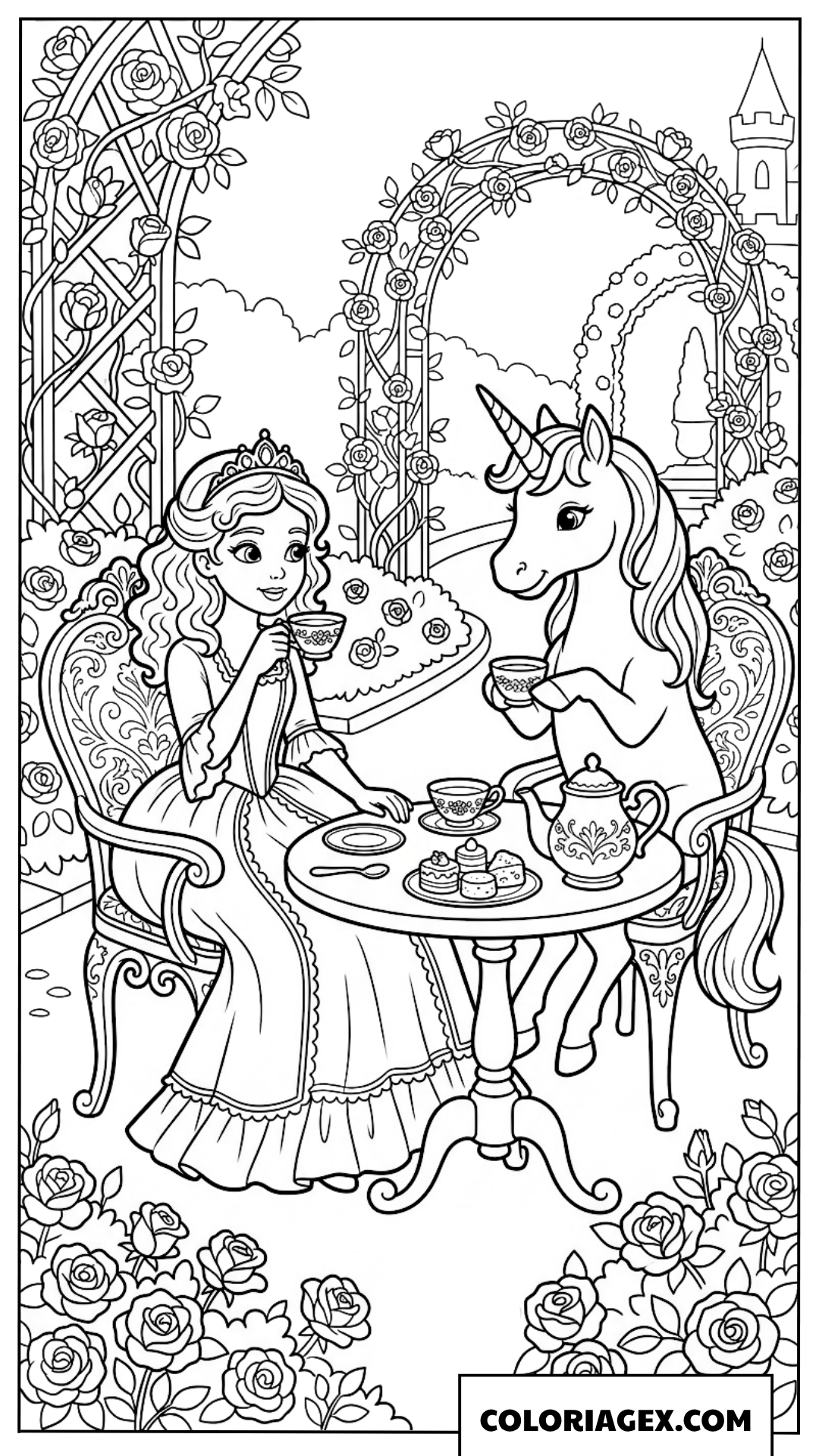 Coloriage d'une belle princesse et sa licorne prenant le thé