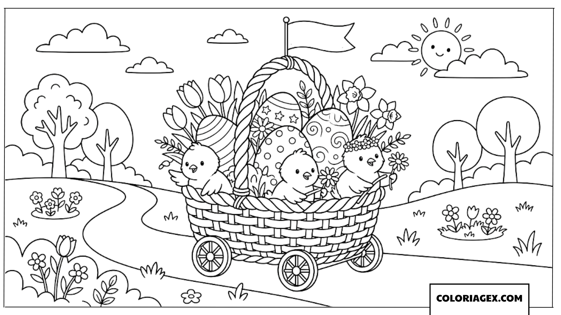 Coloriage d’une charrette d’œufs tirée par des poussins