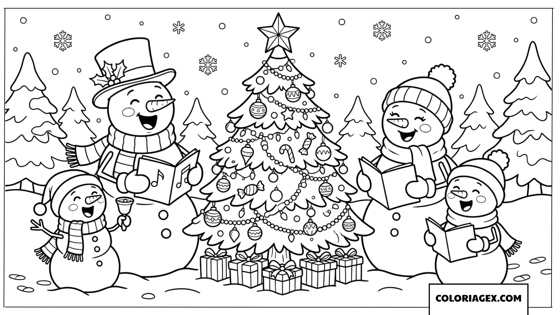 Coloriage d'une famille de bonhommes de neige chantant Noël