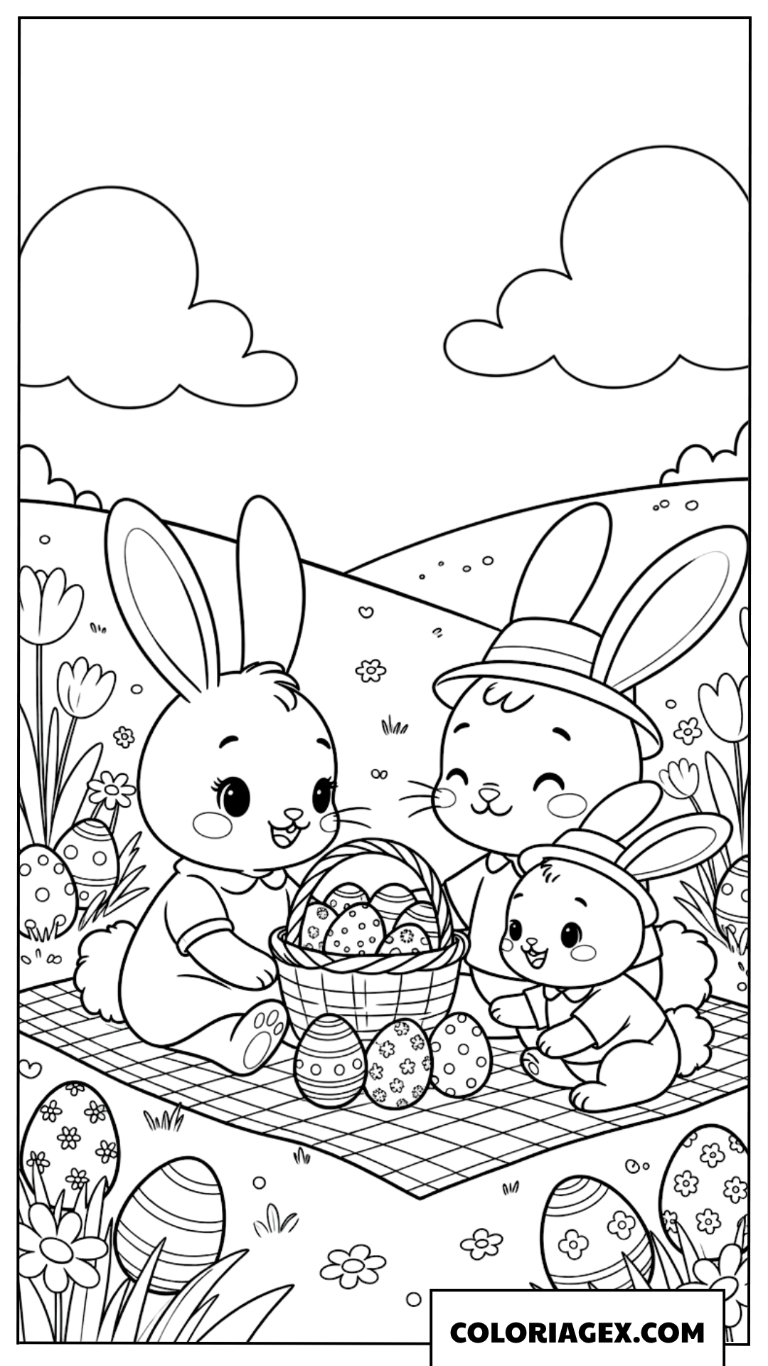 Coloriage d’une famille de lapins en pique-nique