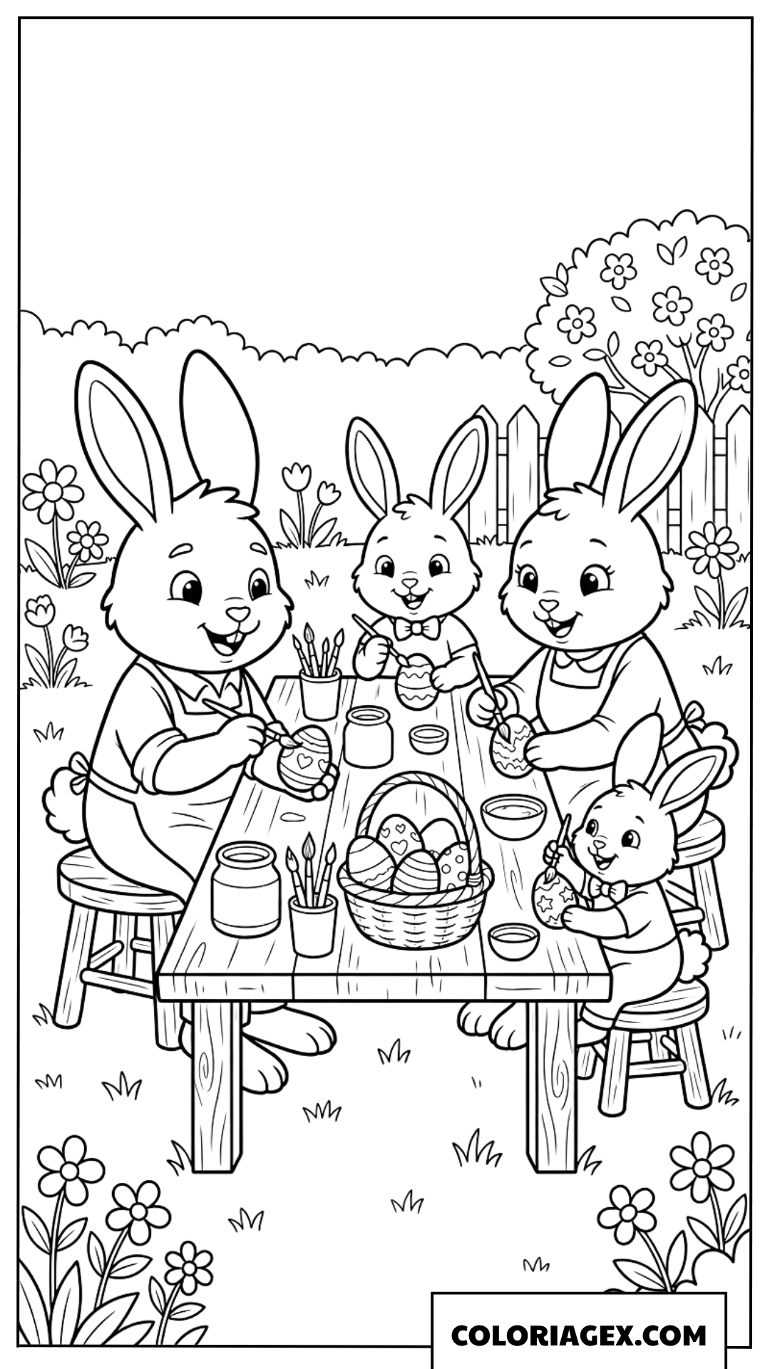 Coloriage d'une famille de lapins peignant des œufs de Pâques