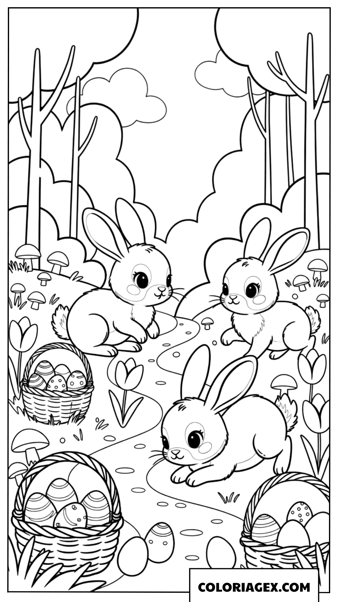 Coloriage d’une famille de lapins se promenant dans la forêt