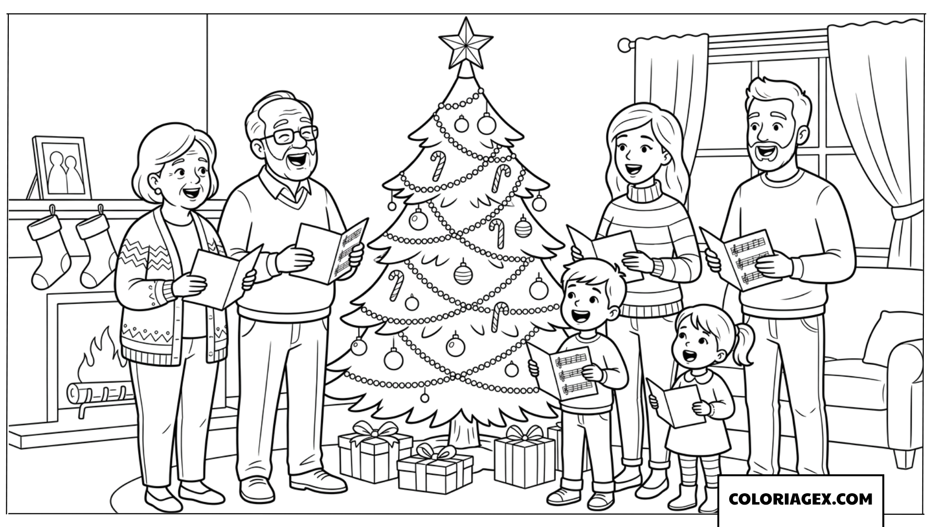 Coloriage d'une famille de trois générations chantant ensemble pour Noël