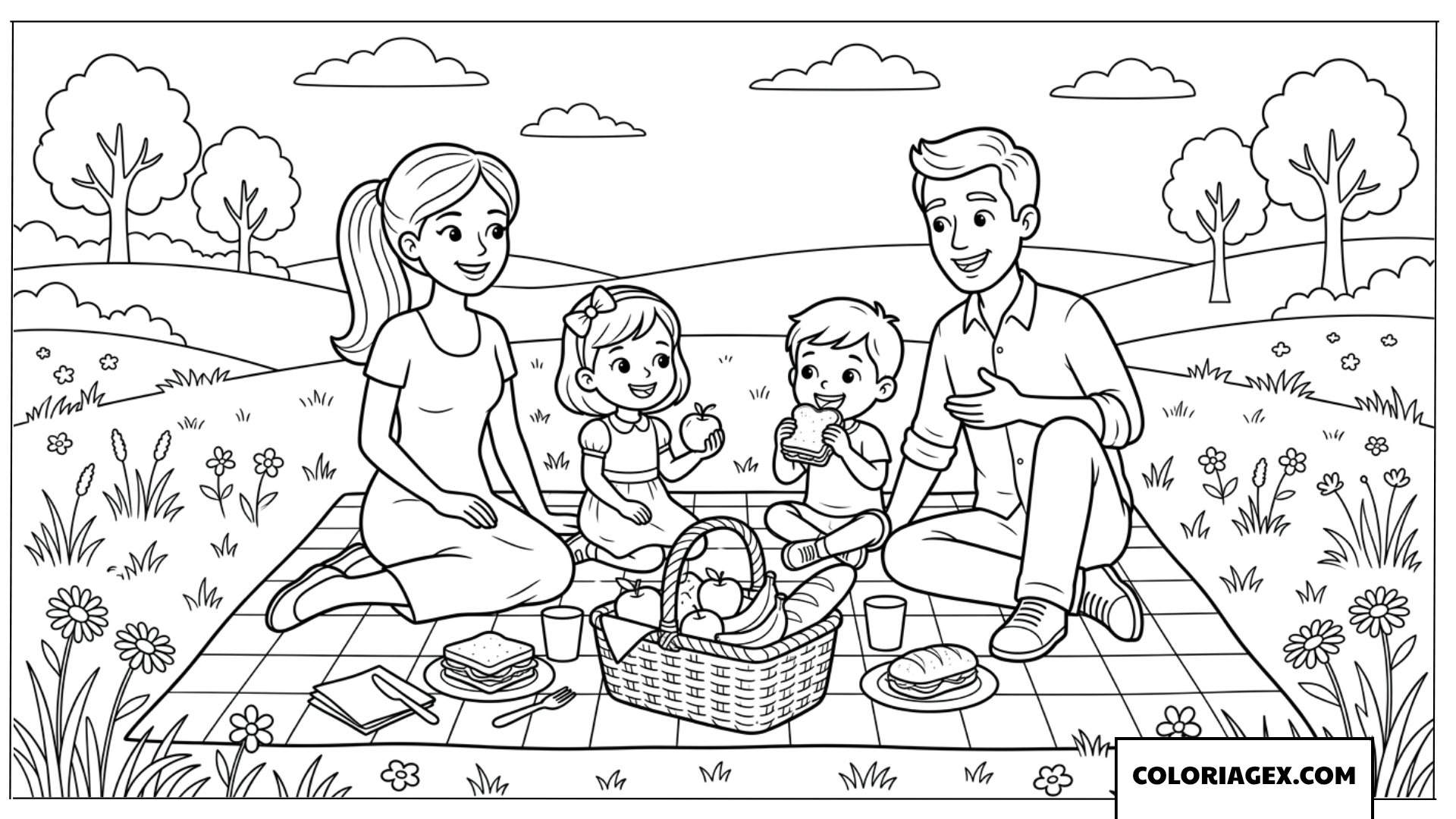 Coloriage d'une famille heureuse profitant d'un pique-nique en plein air