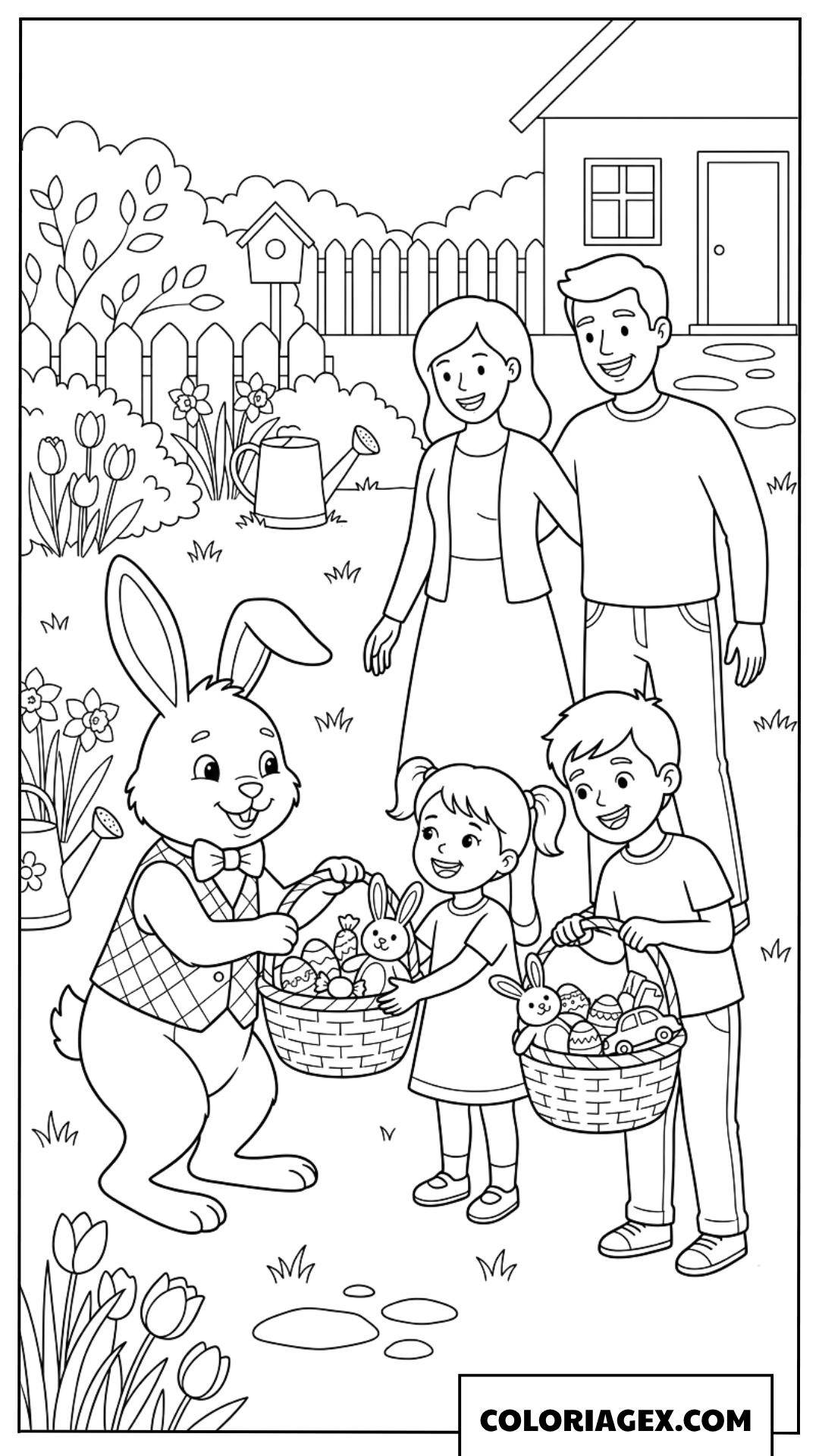 Coloriage d'une famille rencontrant le lapin de Pâques dans le jardin