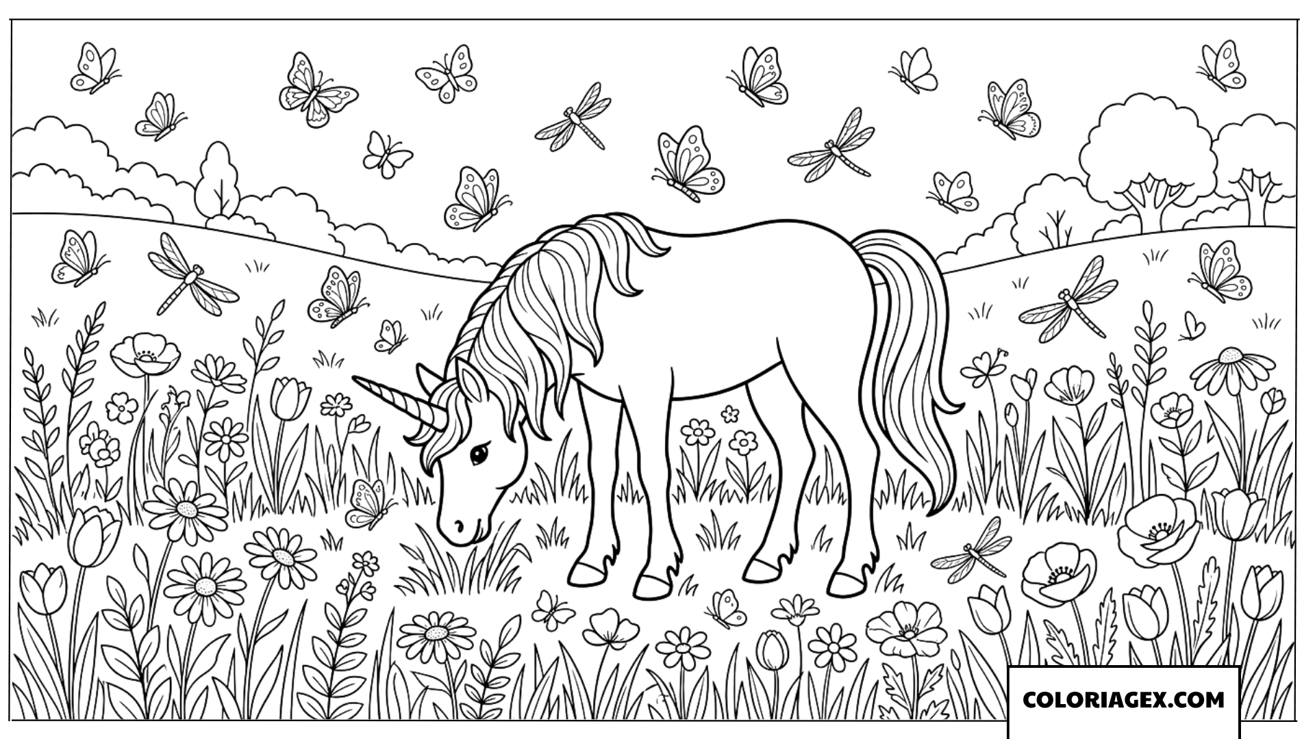 Coloriage d'une licorne broutant dans un pré fleuri