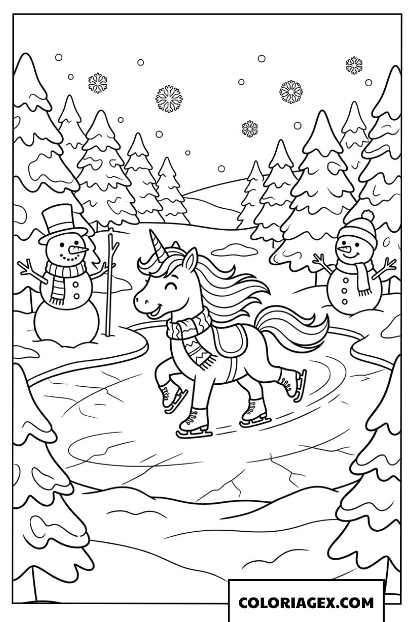 Coloriage d'une licorne joyeuse faisant du patin à glace avec des bonshommes de neige