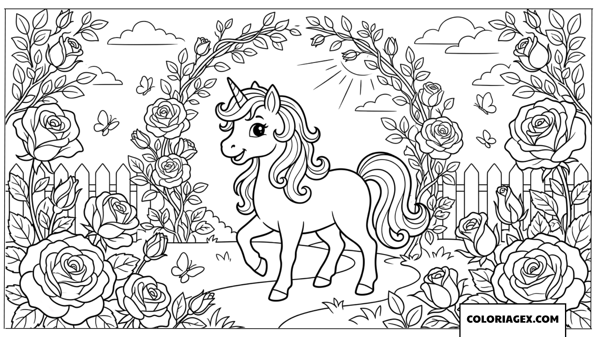 Coloriage d'une licorne marchant dans un jardin de roses