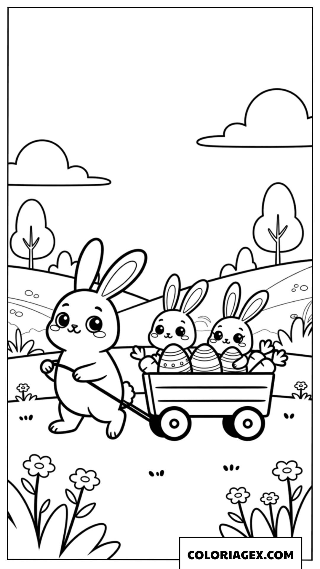Coloriage d’une maman lapin tirant une charrette