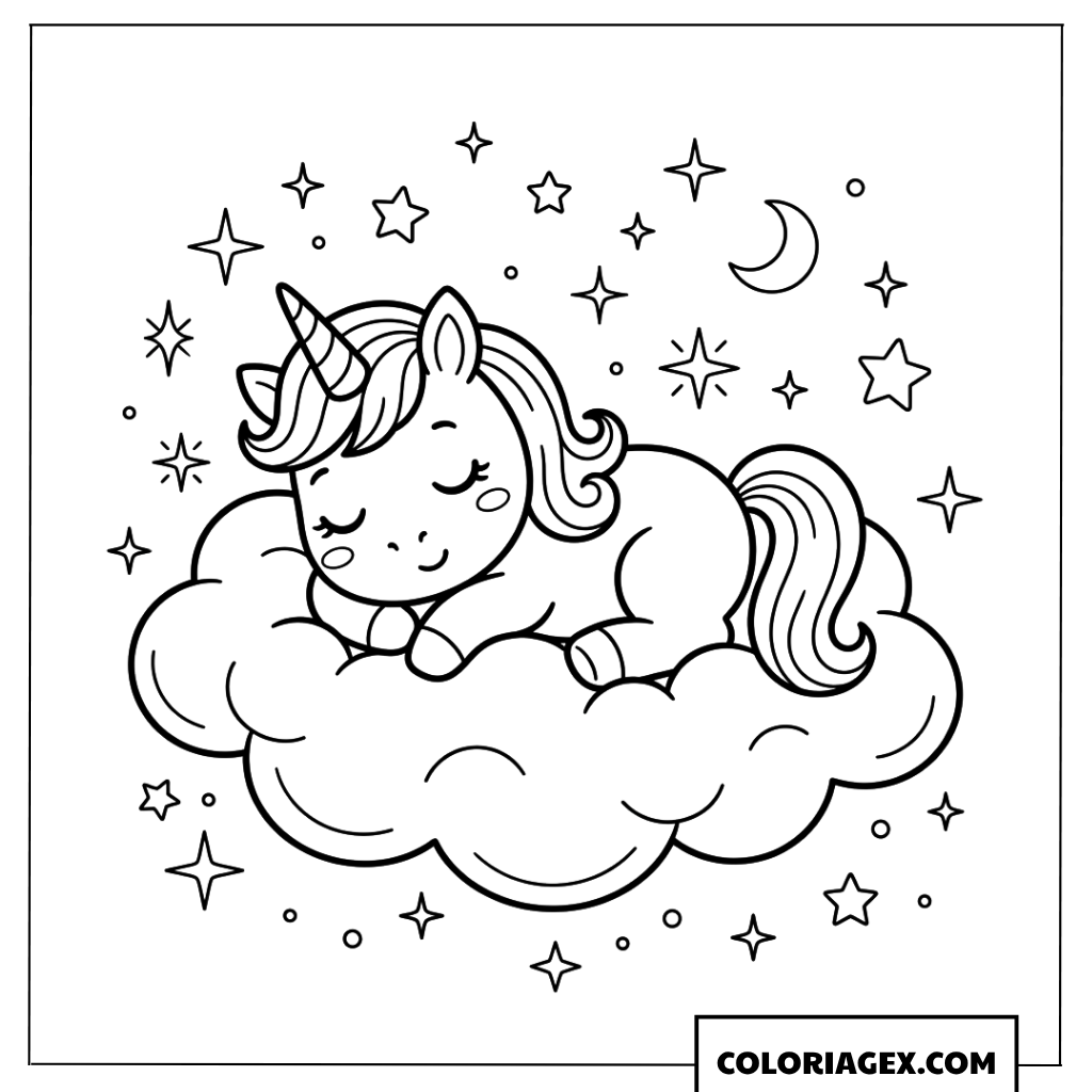 Coloriage d'une petite licorne dormant sur un nuage doux