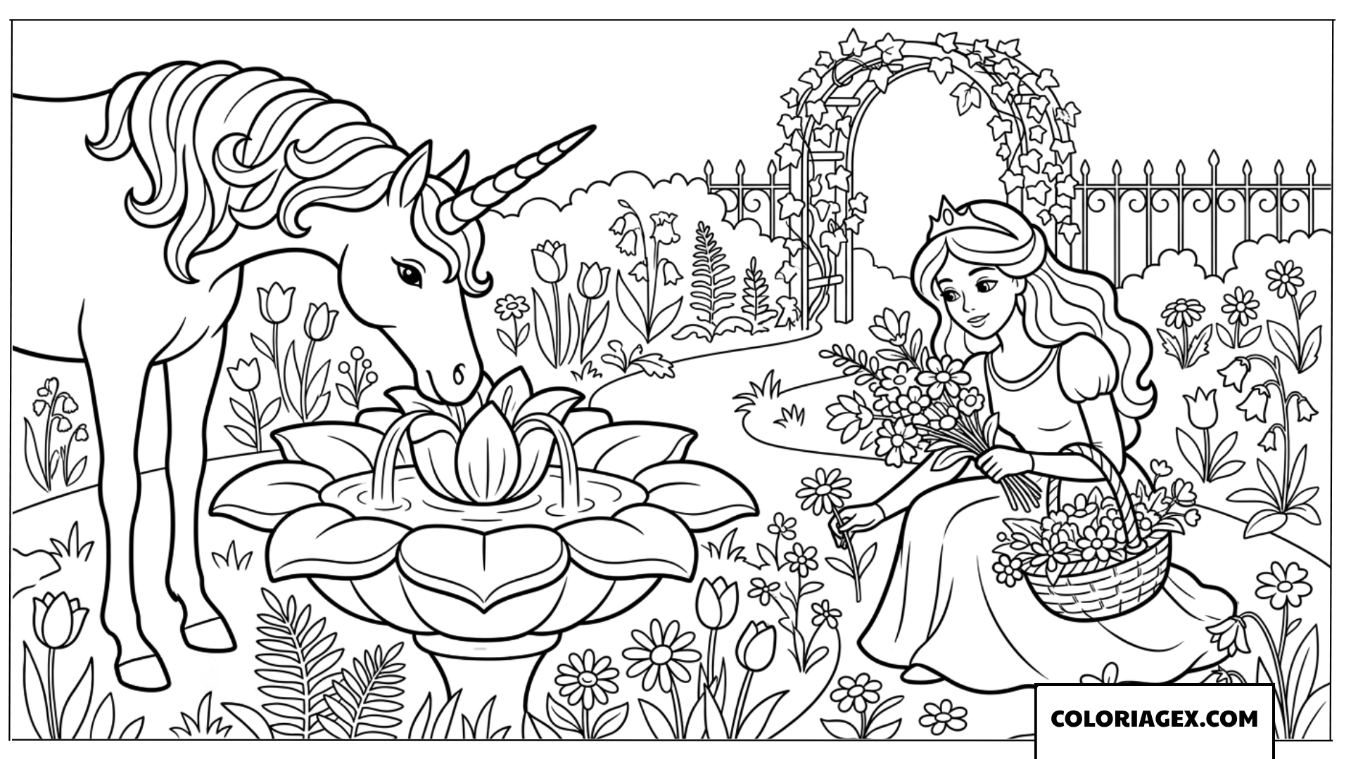 Coloriage d'une princesse cueillant des fleurs près d'une licorne