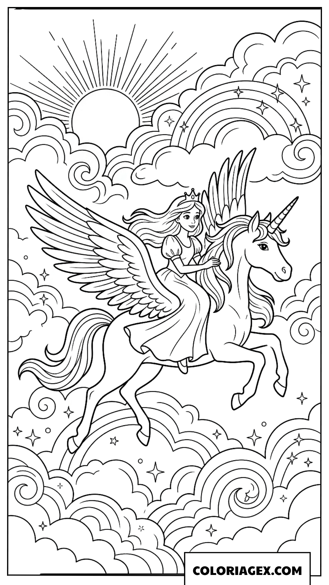 Coloriage d'une princesse et sa licorne volant sous un soleil radieux