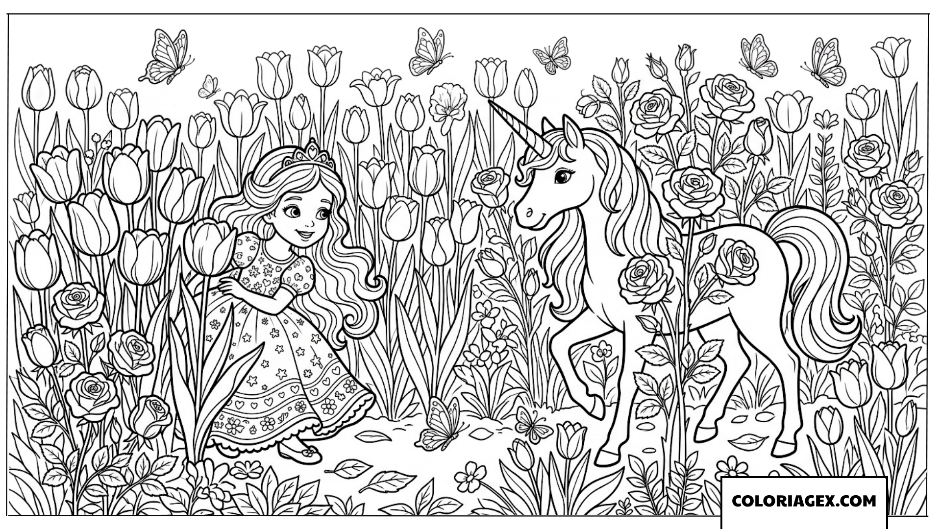 Coloriage d'une princesse et une licorne jouant à cache-cache