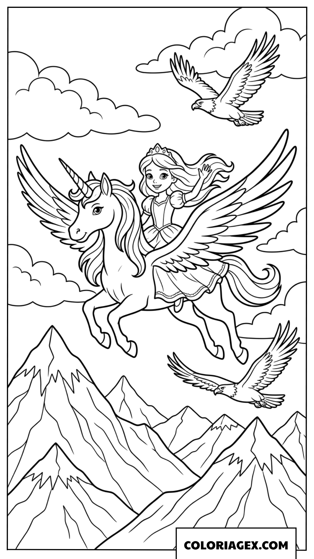 Coloriage d'une princesse sur sa licorne volant sur les montagnes