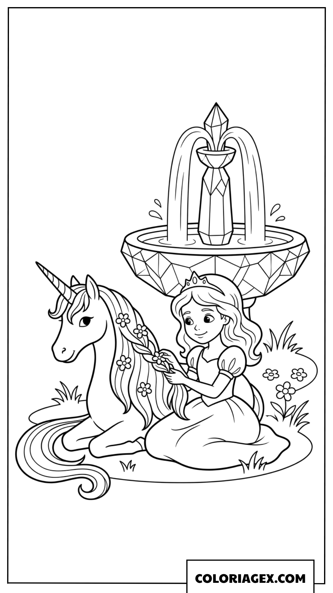 Coloriage d'une princesse tressant des fleurs pour sa licorne