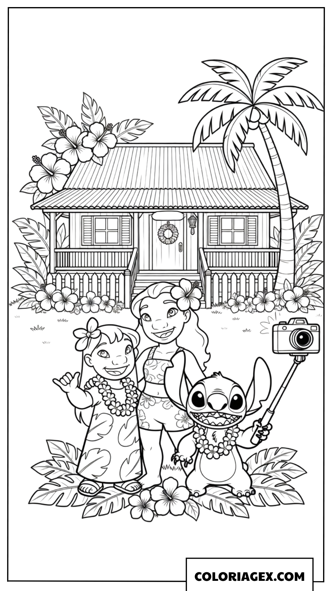 Coloriage famille Lilo Stitch et Nani prenant un selfie devant leur maison