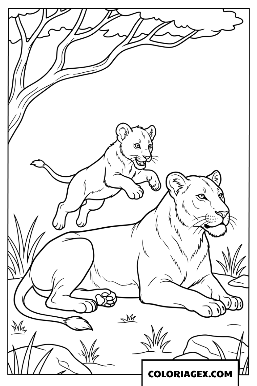 Coloriage joyeux dun lionceau qui joue a cote de sa maman