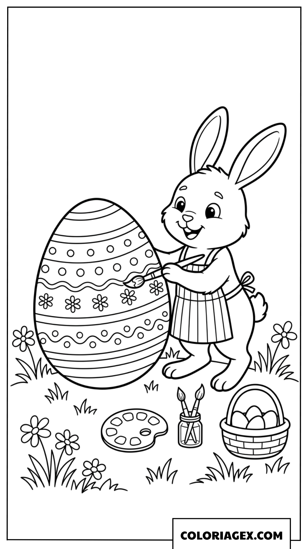 Coloriage lapin artiste et œuf de Pâques