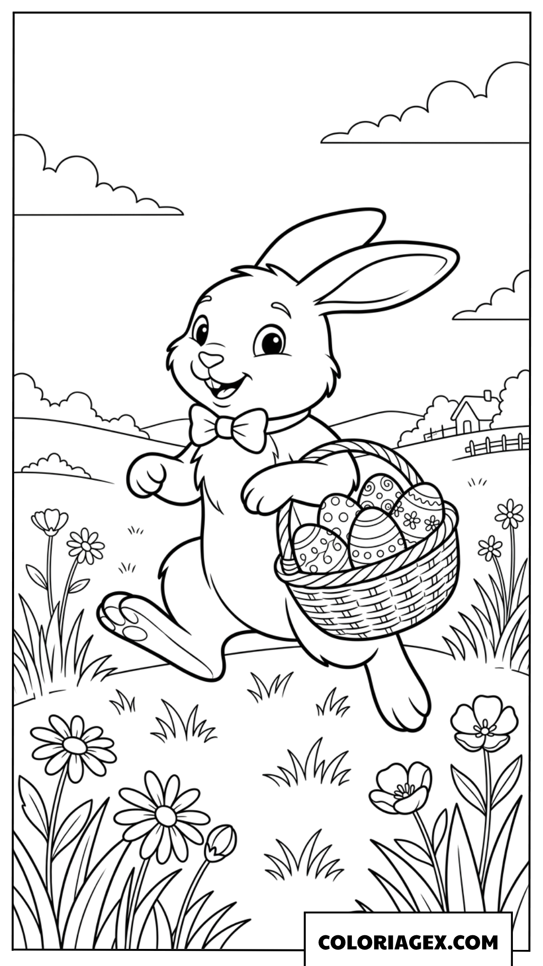 Coloriage lapin et panier d'œufs de Pâques
