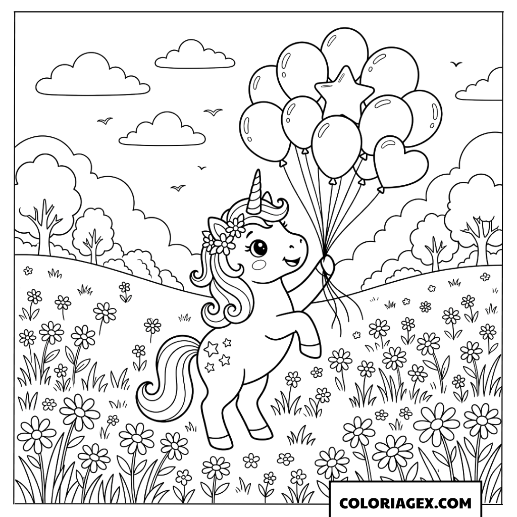 Coloriage licorne mignonne avec un bouquet de ballons colorés