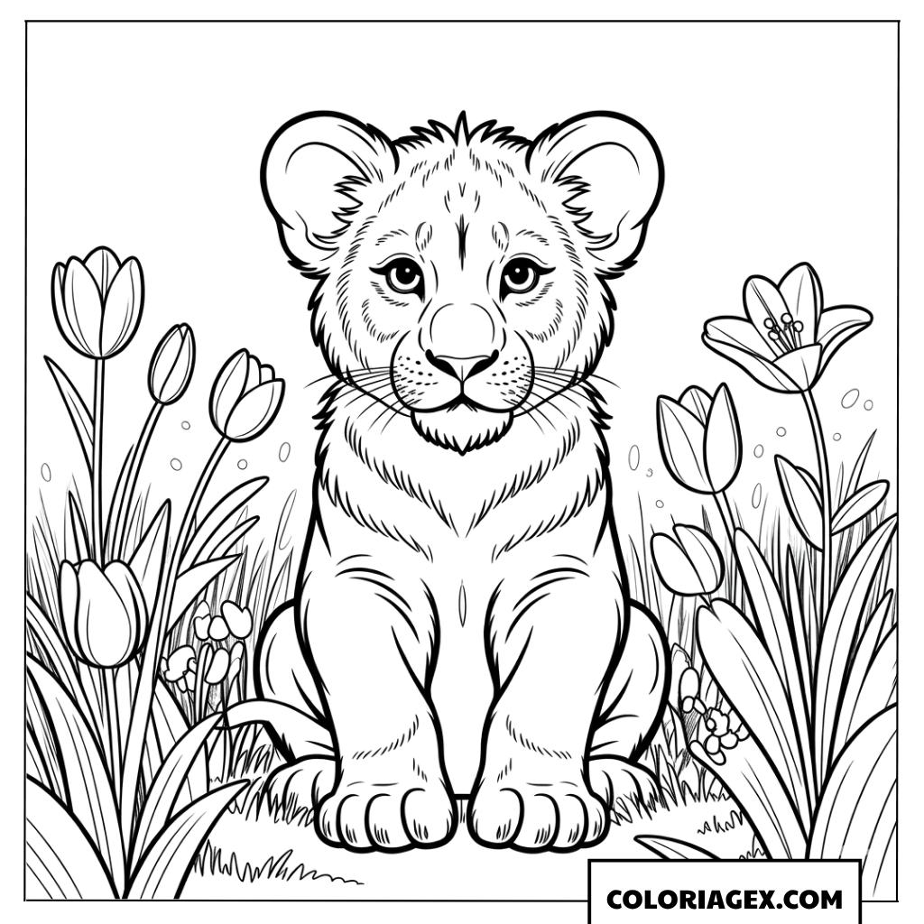 Coloriage lionceau mignon au milieu des fleurs de tulipes