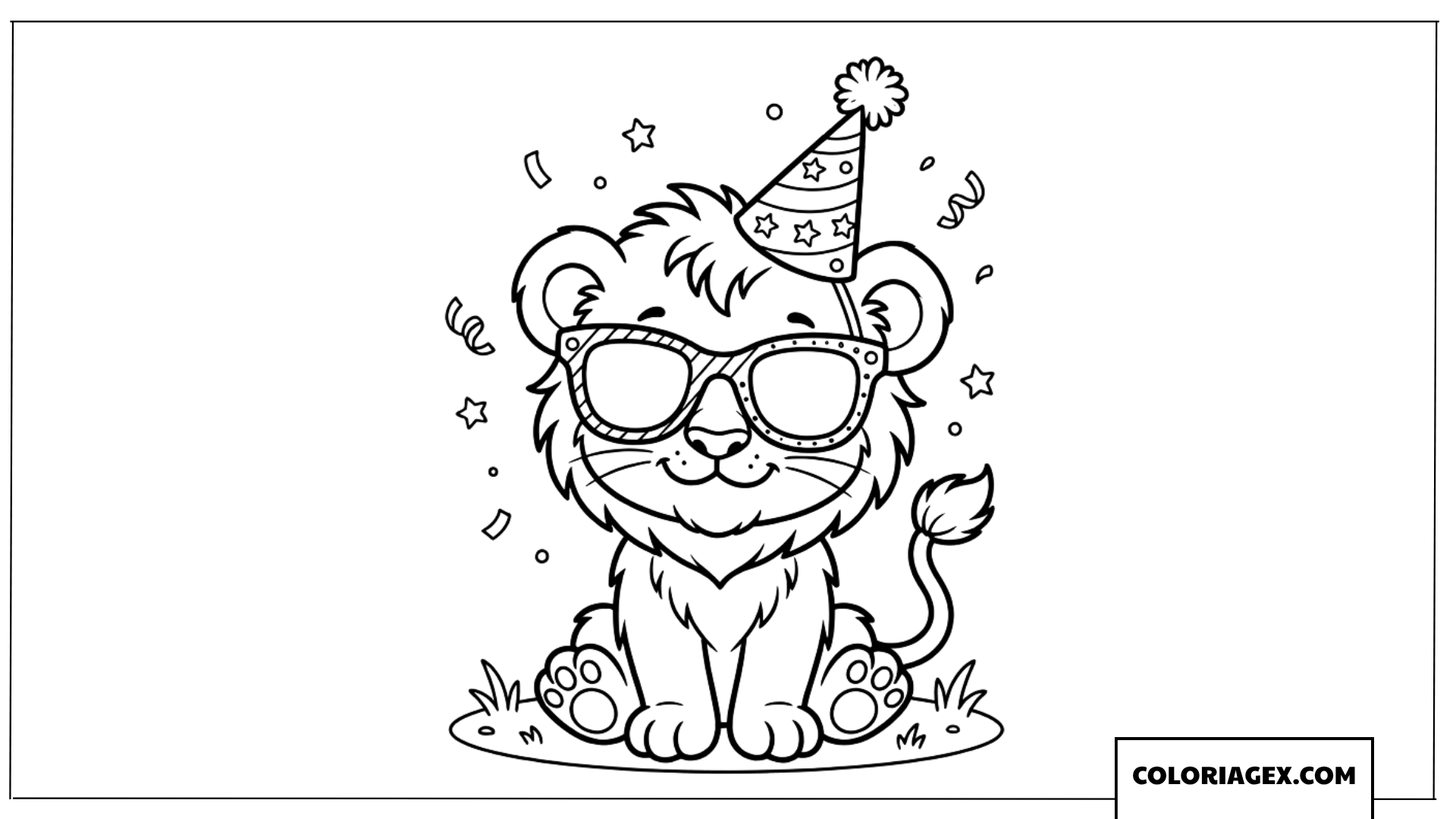 Coloriage lionceau rigolo avec lunettes et chapeau de fete