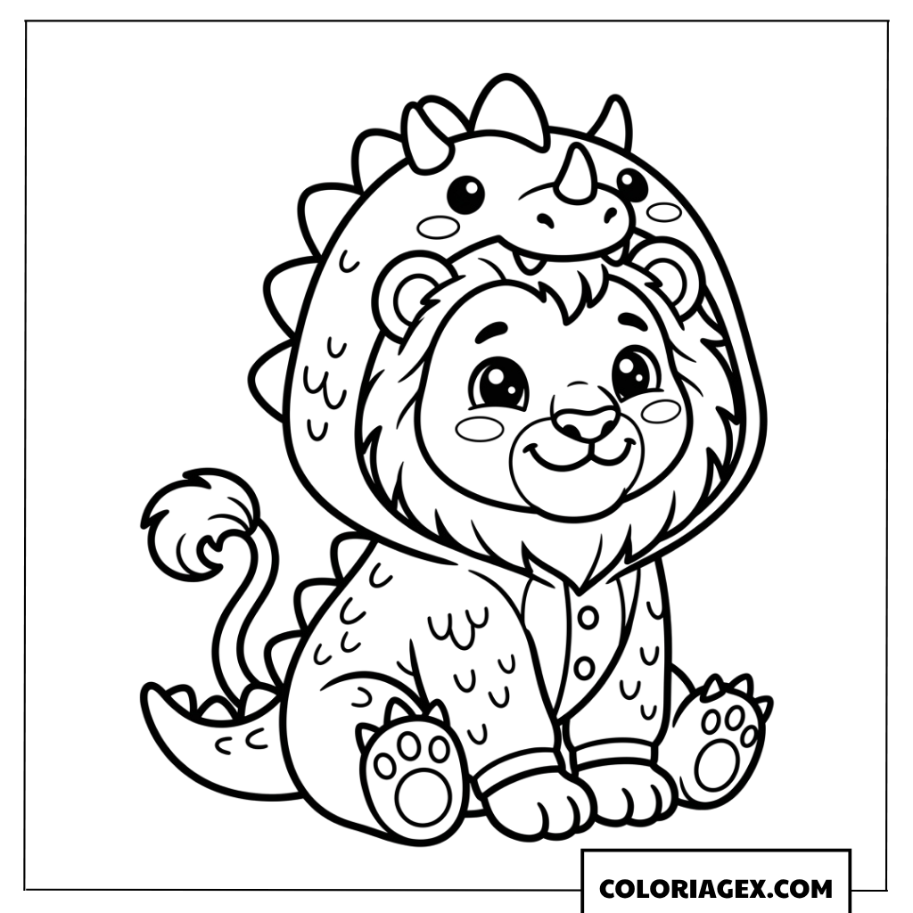Coloriage lionceau rigolo deguise en costume de dinosaure
