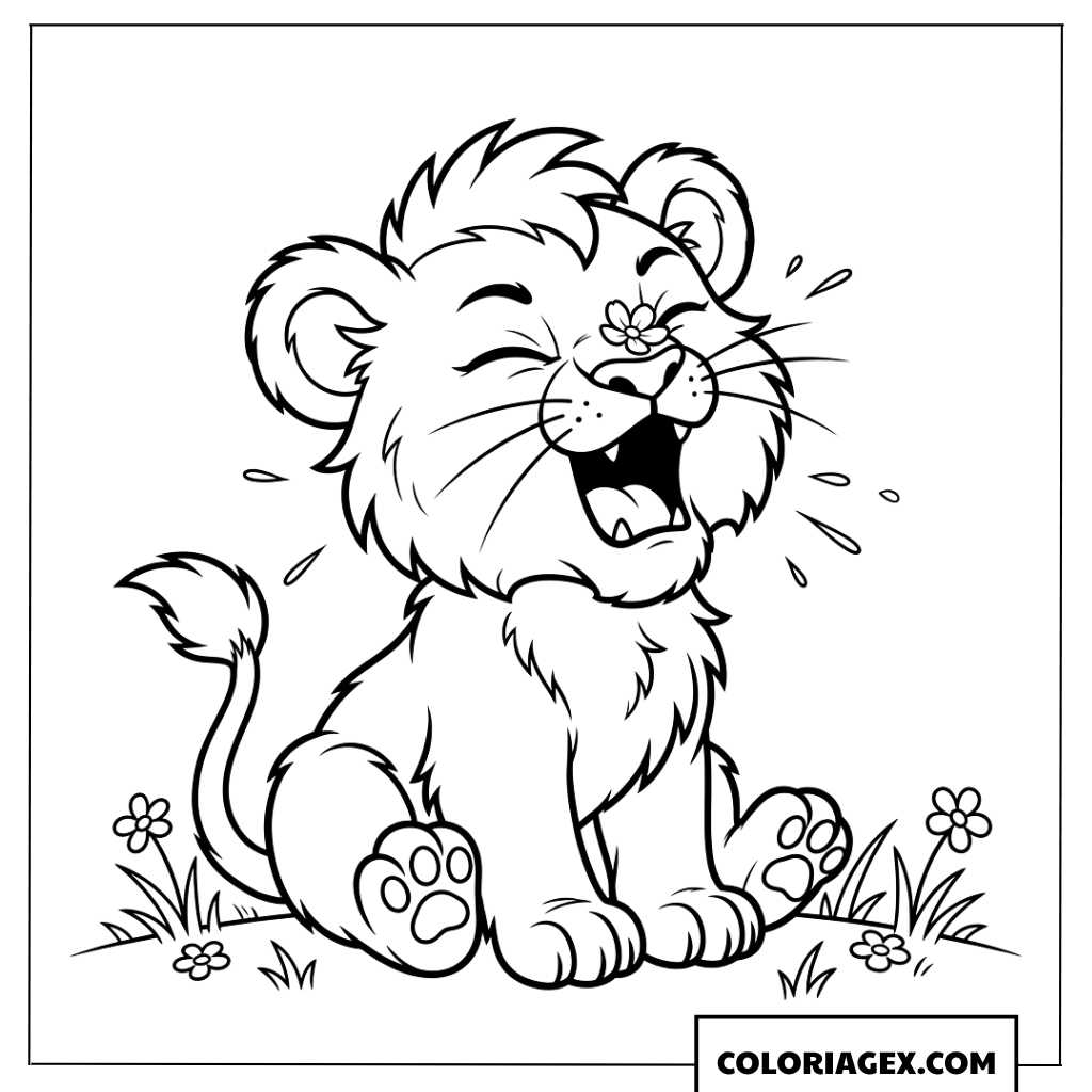 Coloriage lionceau rigolo qui eternue avec une petite fleur