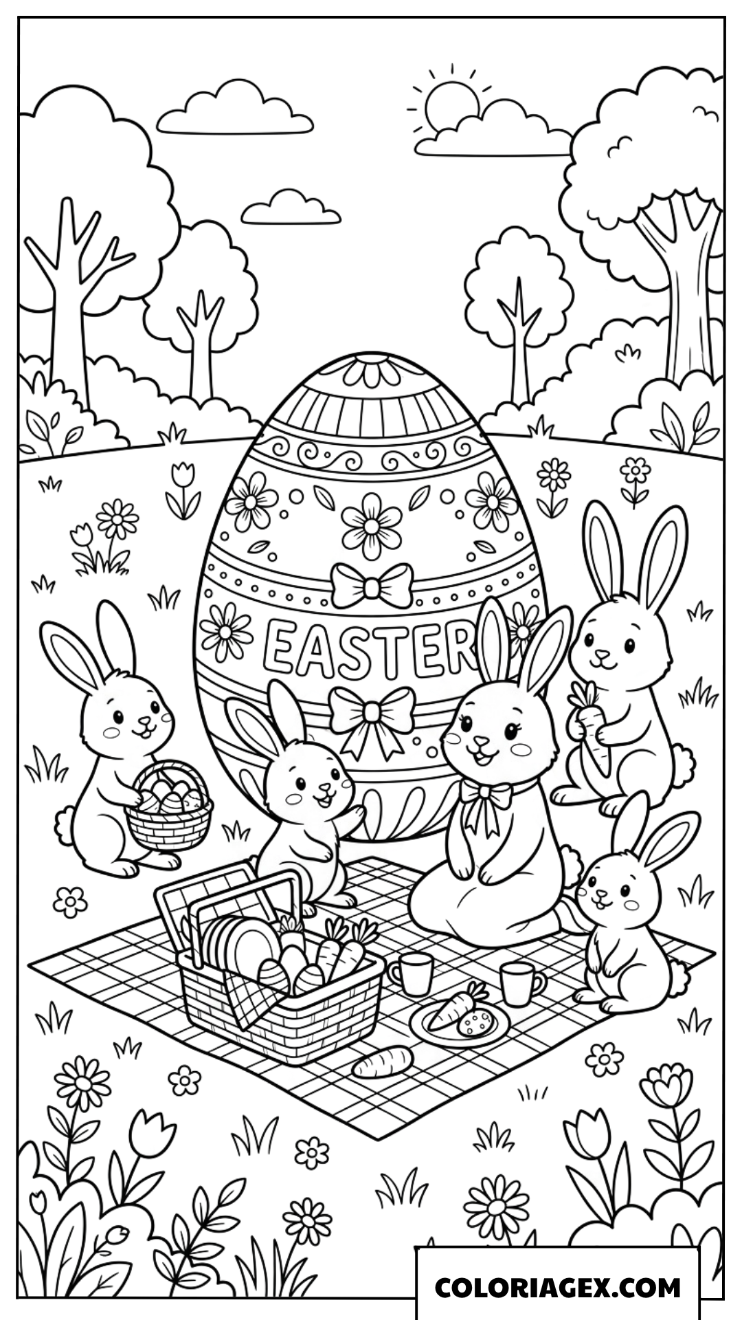Coloriage œuf de Pâques géant et famille de lapins