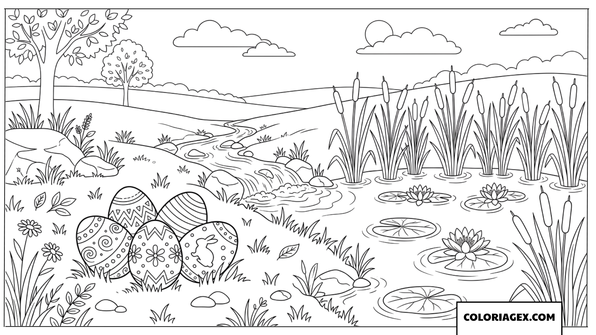 Coloriage œufs de Pâques au bord du ruisseau Dessin
