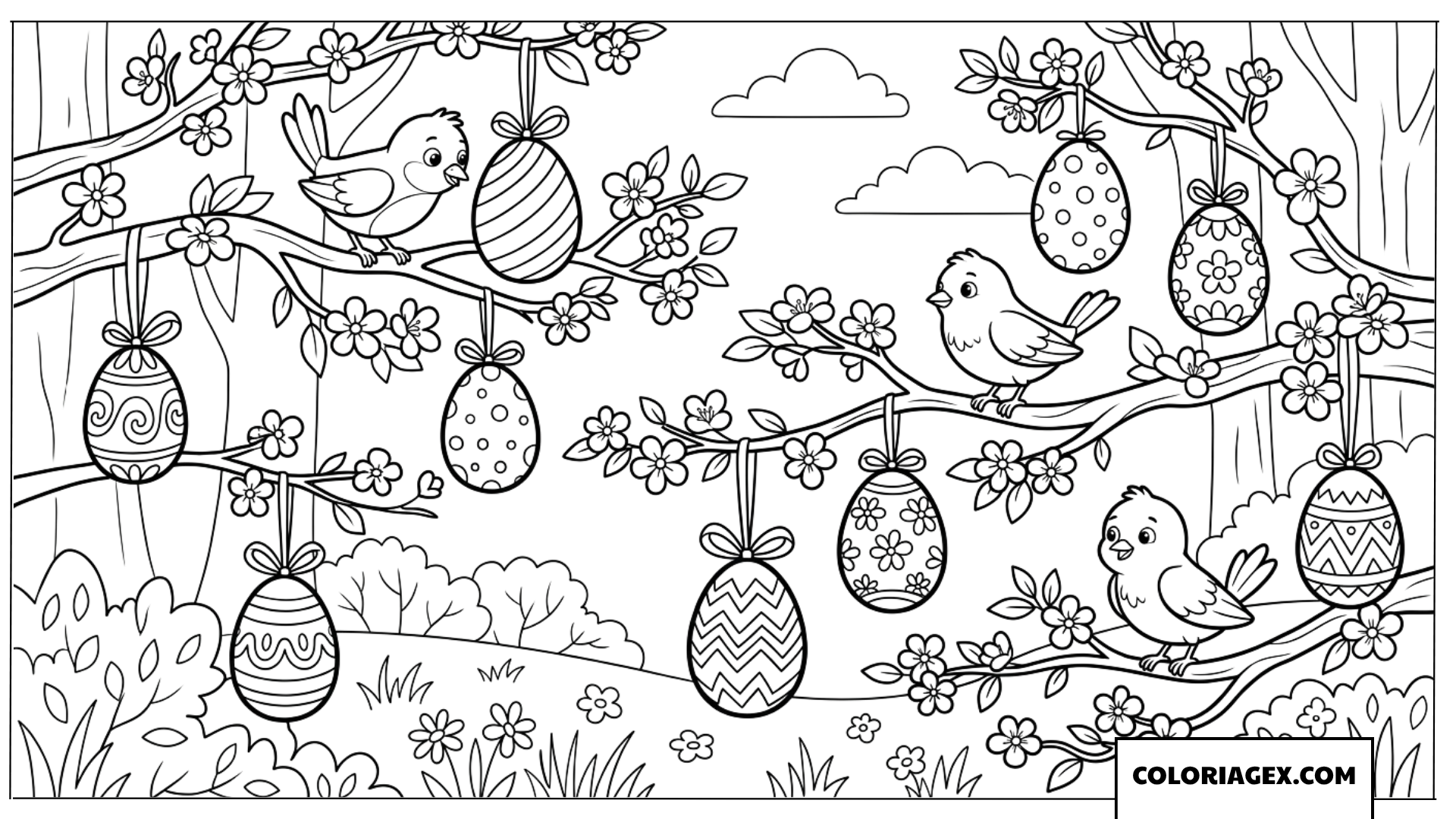 Coloriage œufs de Pâques suspendus aux branches Dessin