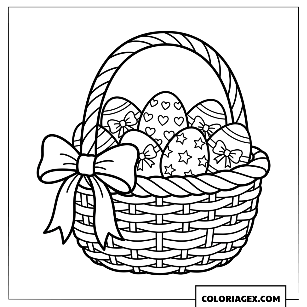 Coloriage panier d'œufs de Pâques avec un joli nœud