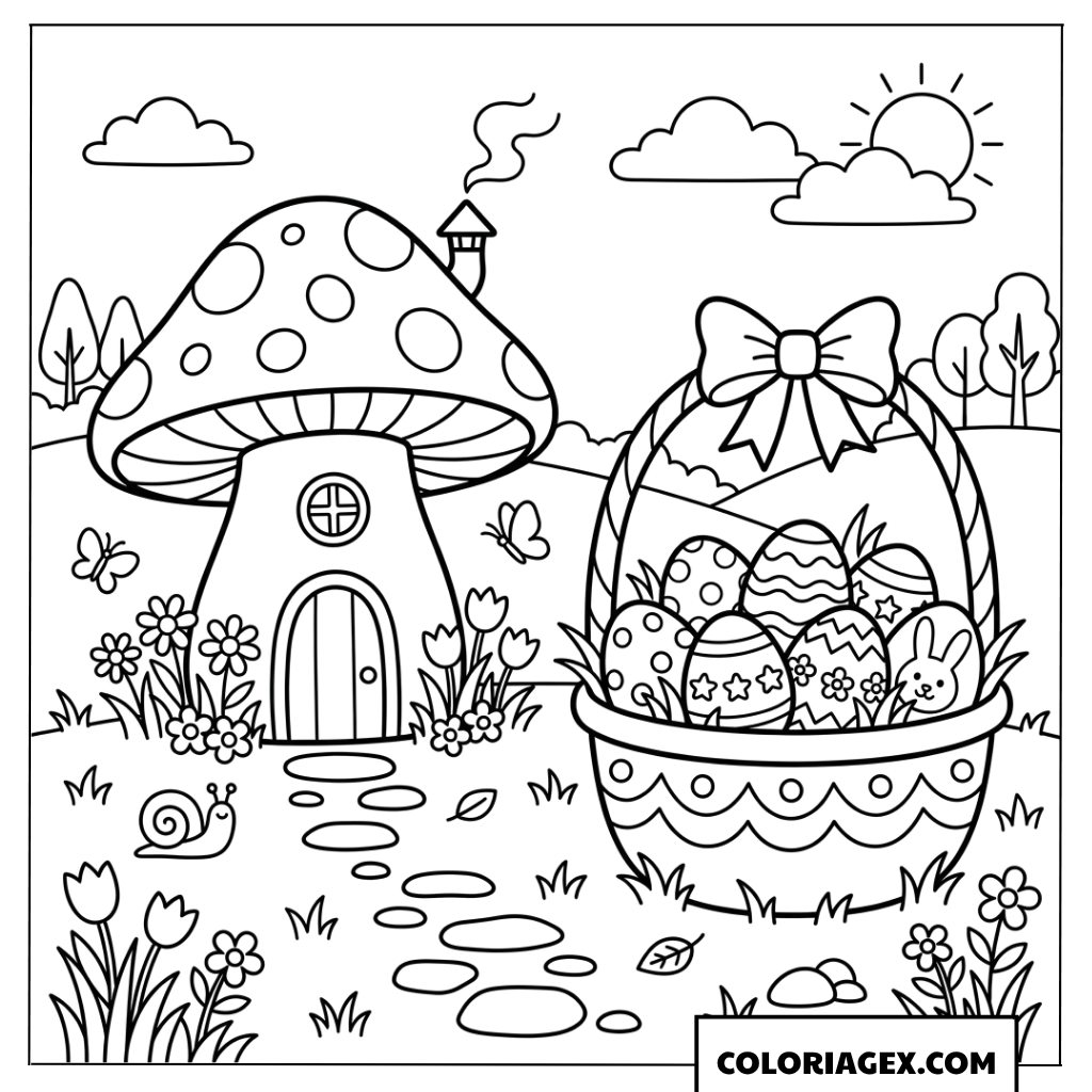 Coloriage panier d'œufs de Pâques près de la maison champignon