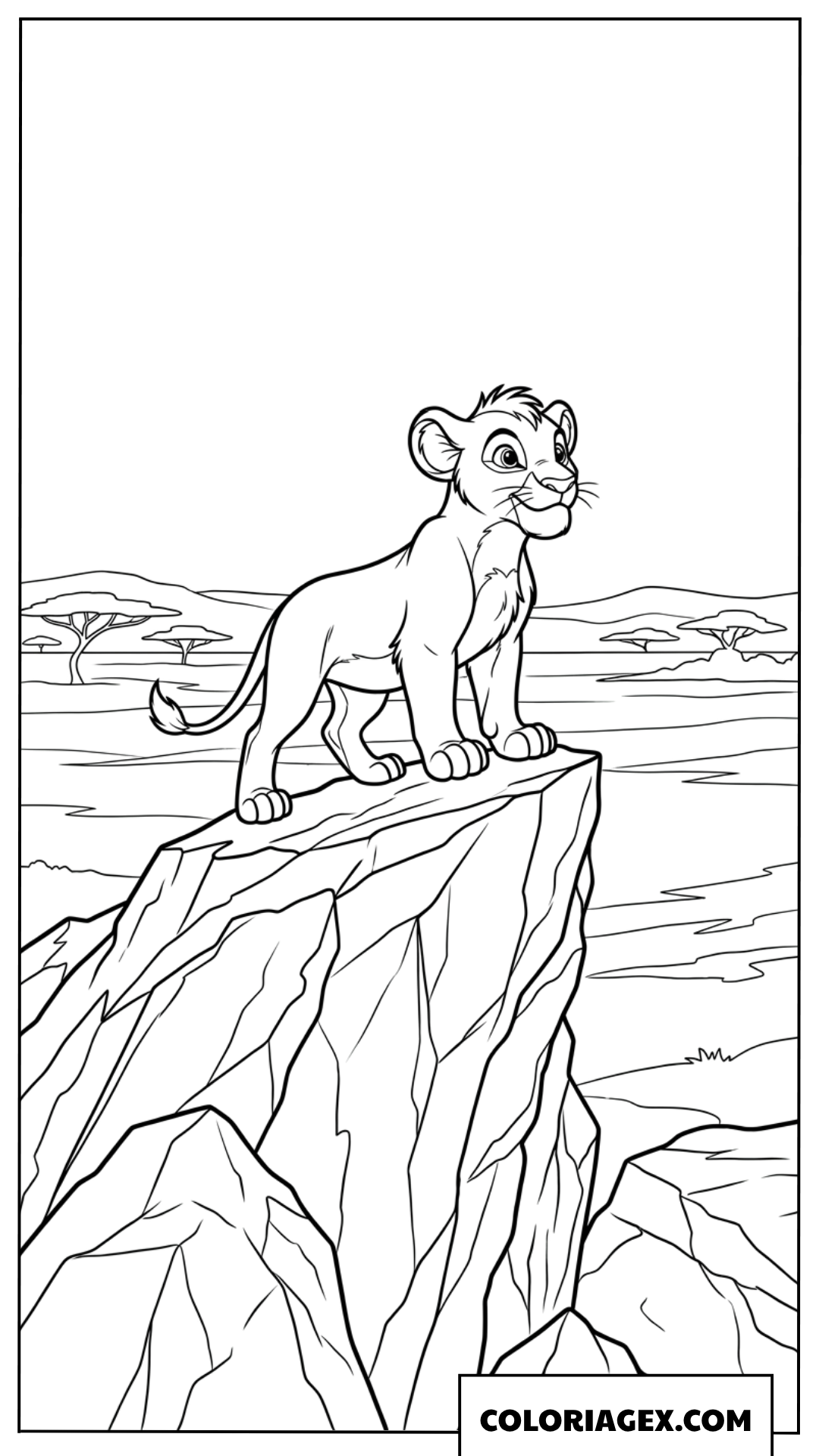 Coloriage petit lionceau fier debout sur un rocher de la savane