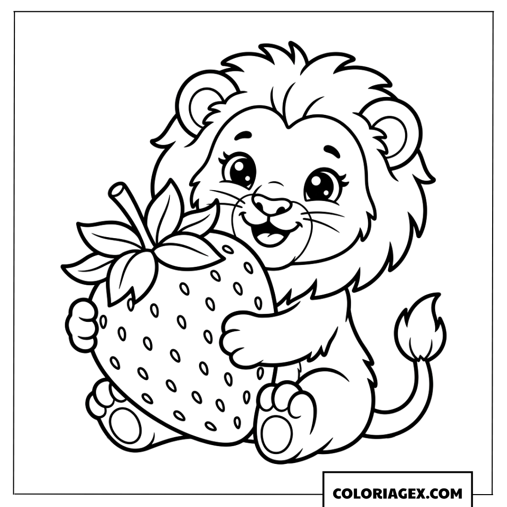 Coloriage petit lionceau mignon avec une grande fraise juteuse