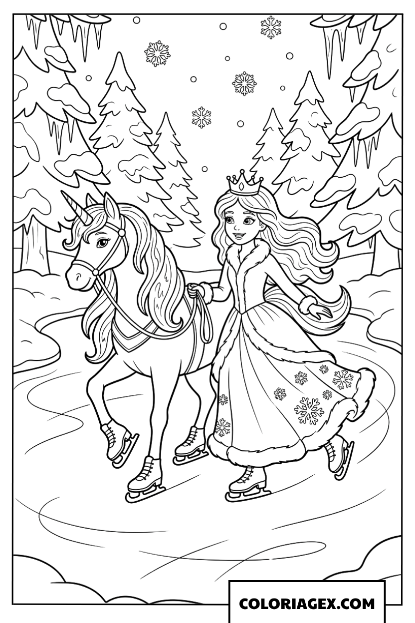Coloriage princesse et licorne faisant du patin à glace sous la neige