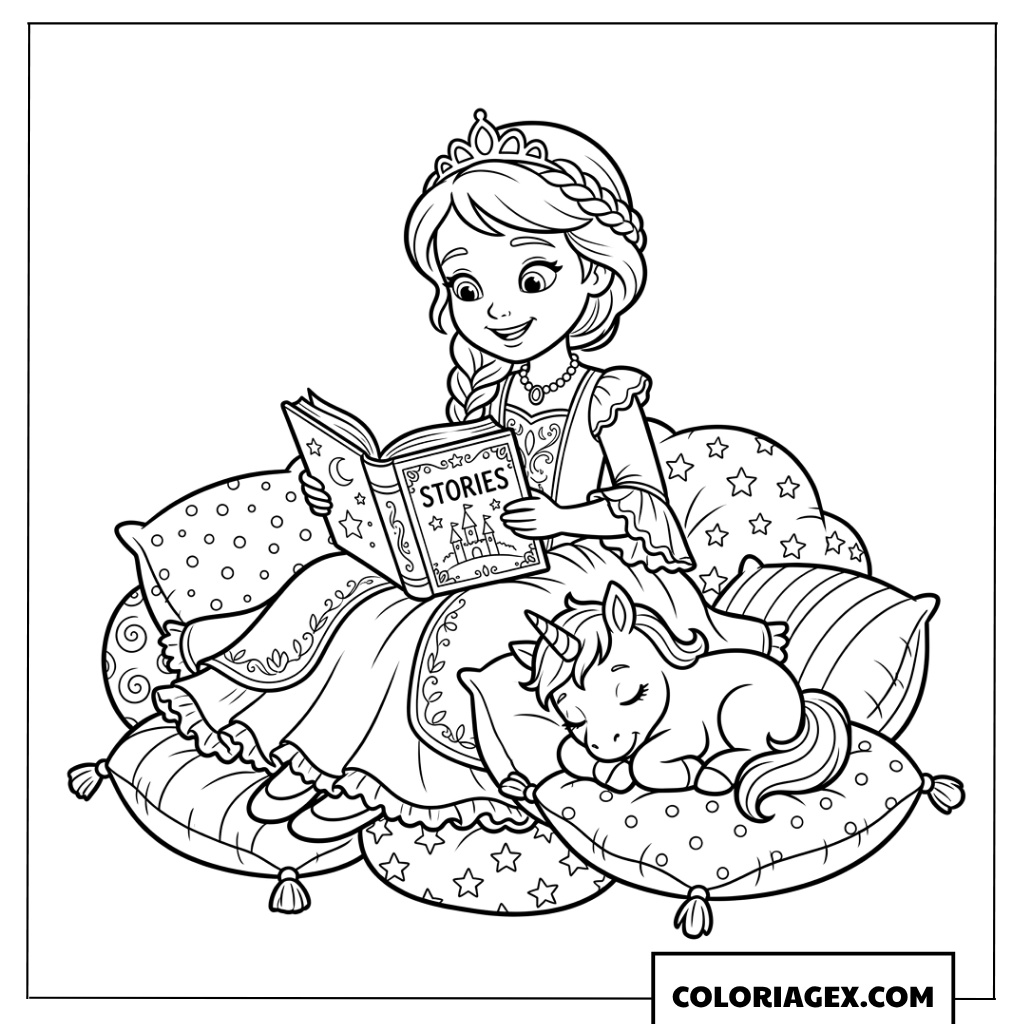 Coloriage princesse lisant une histoire à son bébé licorne endormi