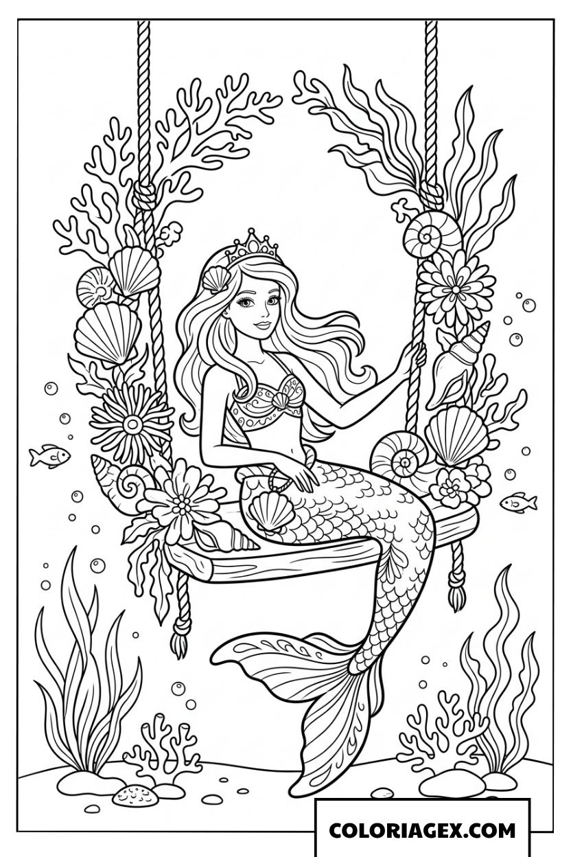 Coloriage princesse sirène Barbie sur sa balançoire
