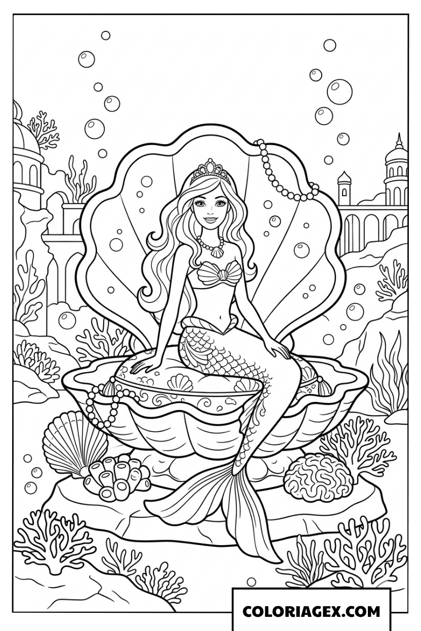 Coloriage princesse sirène Barbie sur son trône