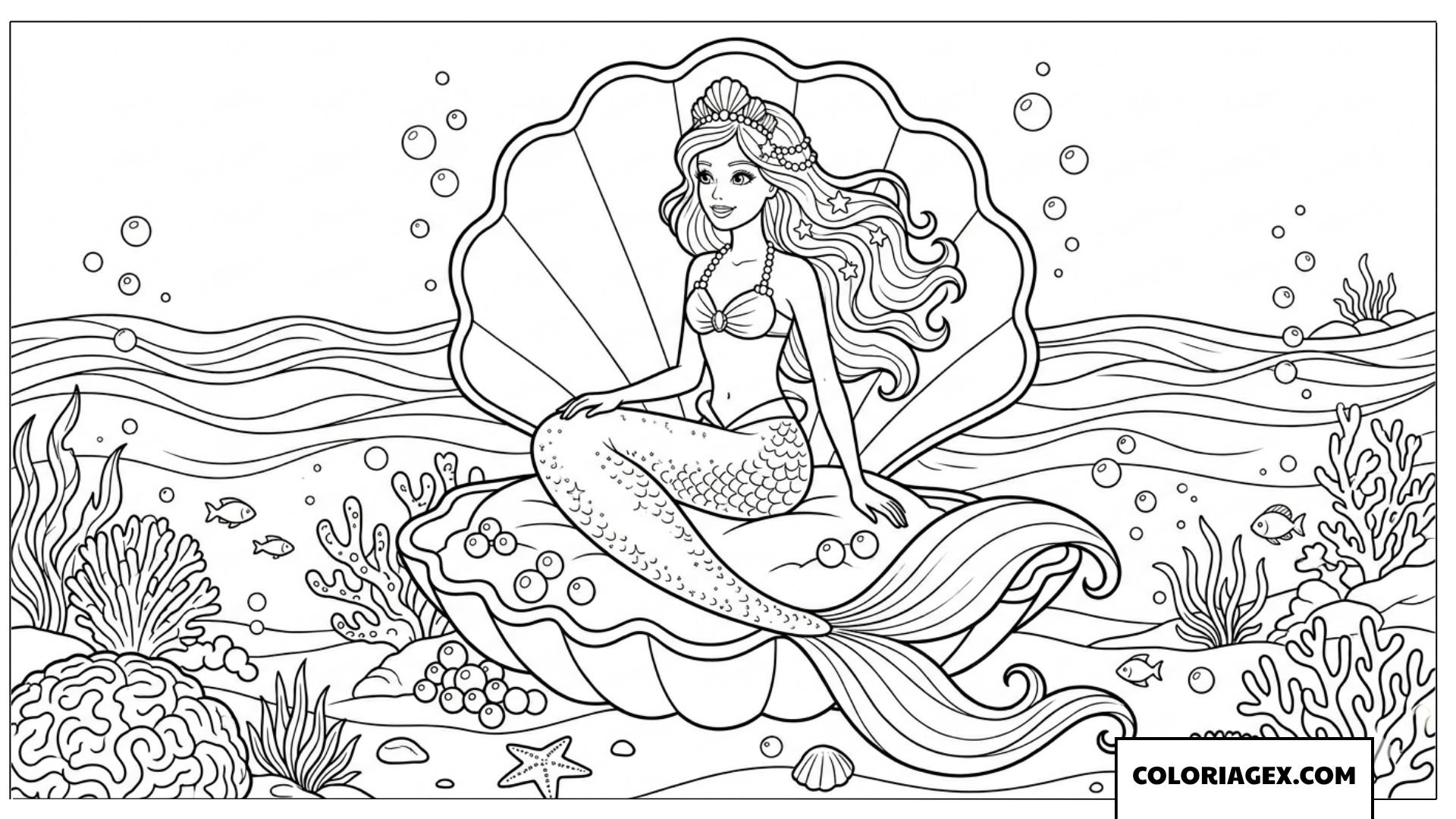 Coloriage sirène Barbie au coquillage sous le soleil