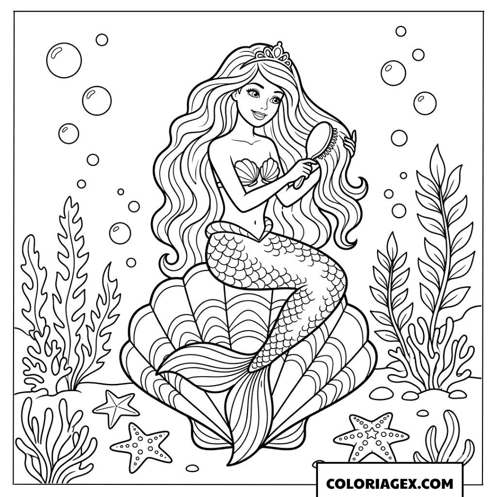 Coloriage sirène Barbie au miroir sur un coquillage
