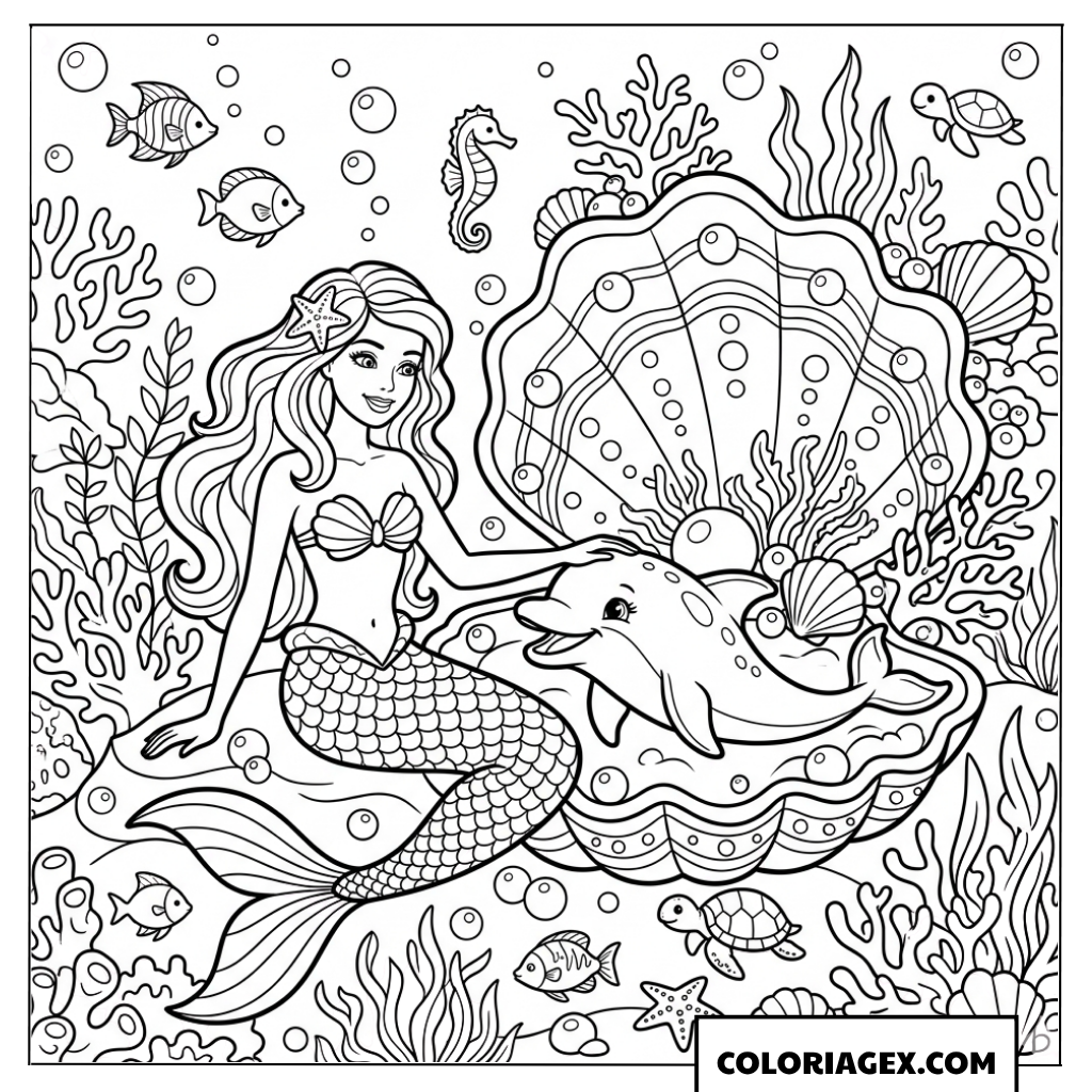 Coloriage sirène Barbie caresse un petit dauphin