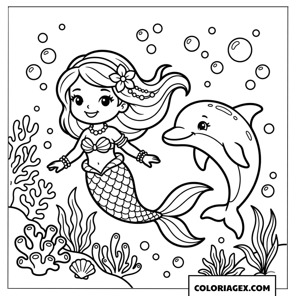 Coloriage sirène Barbie chibi et son ami dauphin