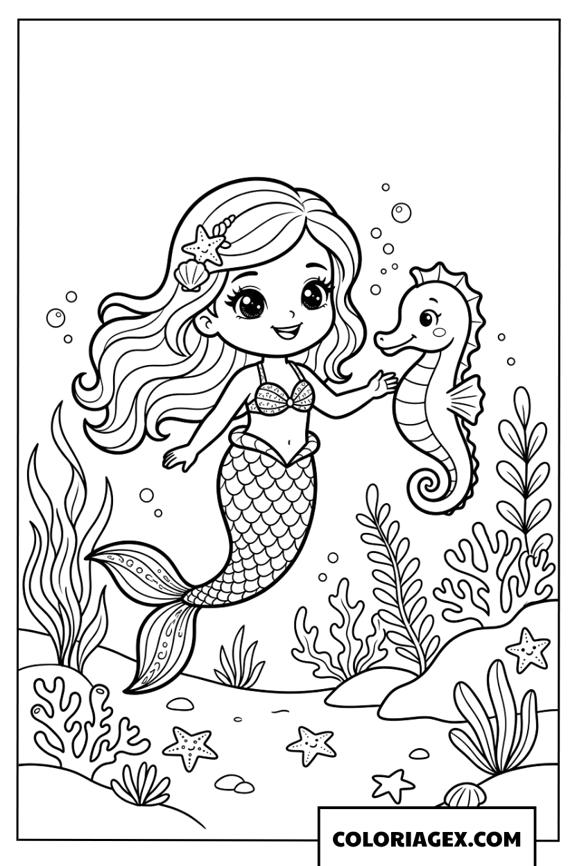 Coloriage sirène Barbie chibi và son hippocampe