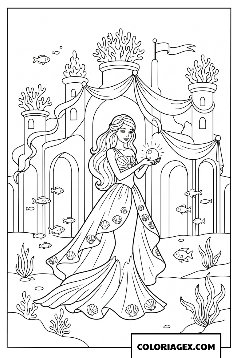 Coloriage sirène Barbie devant son palais aquatique