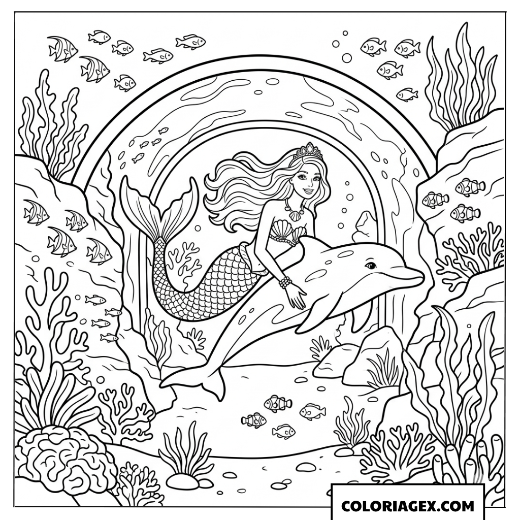 Coloriage sirène Barbie et le dauphin au corail