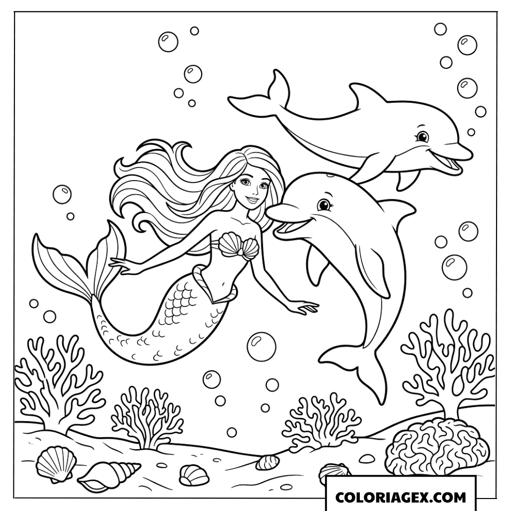 Coloriage sirène Barbie nage avec deux dauphins